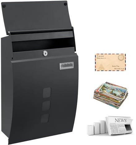 M.J COMFY-LIFE Letter Box with Viewing Window, Wall-Mounted Lockable Mailbox, Weatherproof Post Box with 4 Keys, Sleek Curvy Modern Design for Home or Office (Black)