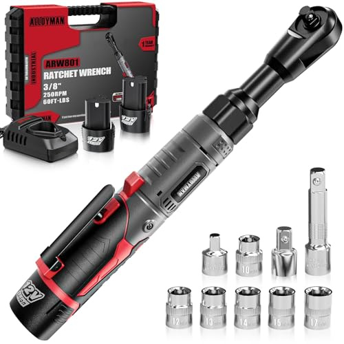 Alloyman 3/8 Cordless Ratchet Wrench Set, 60FT-LBS(80N.m) Electric Ratchet, 12V Extended Power Socket Wrench Set with Variable Speed, 6 Sockets, LED Light, 1/4 Adapter,1/2 Adapter,2 Batteries