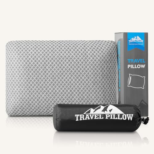 PEUJEW Travel Pillow Memory Foam Pillows, Camping Pillow-Compressible Medium Firm, Breathable Cover, Ideal Backpacking Hiking, Bed Pillows, Airplane and Car (Light Grey, M)