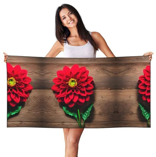VPPUR Strandtuch mit Holzbrett, Retro-Blume, roter Dahlien-Druck, Pool, Entspannung, leicht, schnell trocknend, für den Sommerurlaub, Handtuch