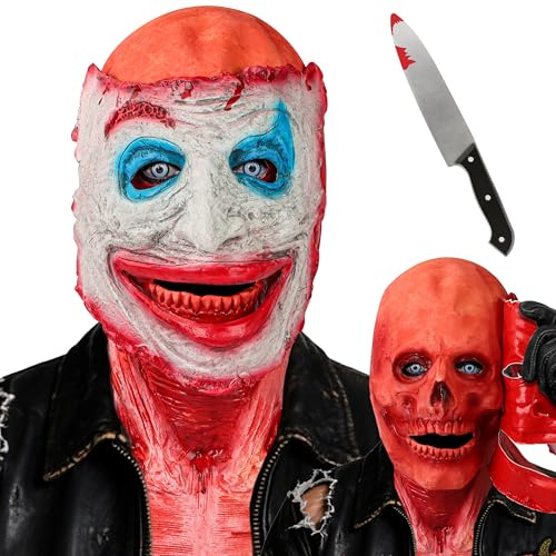 MOMOSTAR Mascara Halloween Terror, Caretas Halloween de Doble Capa con Superficie Pelable, Látex, Mascara Adulto Payaso Calavera Sangriento con Cuchillo Juguete Plástico para Fiesta de Cosplay