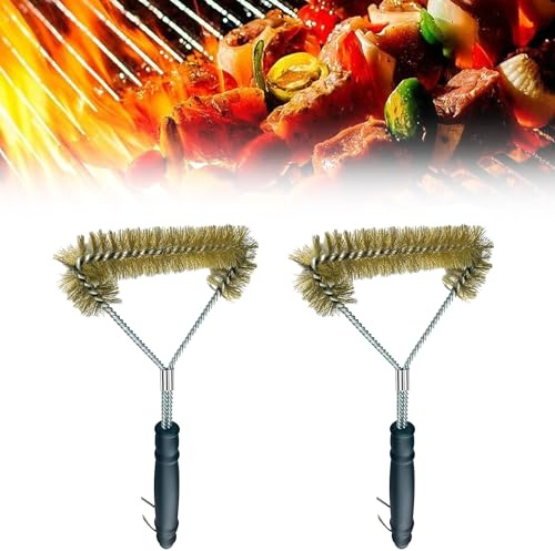 Messing Grill Grillbürste 2 Stück 30.5cm Grill Reinigungsbürste mit PP Wärmedämmung Griff Dreieckig 360° Reinigung Messingborsten Grill-Zubehör für Grillrost,Holzkohlegrill,Kugelgrill,Gasgrill