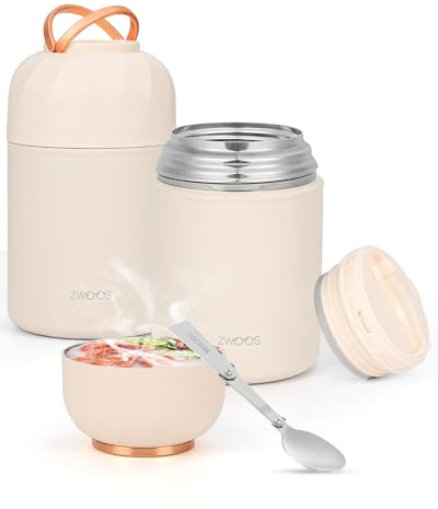ZWOOS Termos per Alimenti 850 ml, Contenitore Termico per Alimenti Caldi con Maniglia, Portavivande Termico Acciaio Inossidabile con Cucchiaio, per Zuppa, Pasta (Bianco)