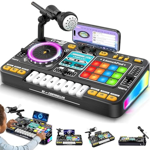 Mixbord for småbarn, mixbord med skivspelare, spelläge och mikrofon BT 5.0, present till pojkar och flickor från 3–10 år – baby-DJ-set(Black)