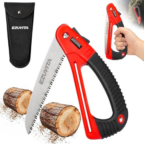 EZUVITA 180mm Folding Saw with EDC Pouch, Lightweight Hand Pruning Saw with Curved Grip, Triple-Cut Razor Teeth for Wood Cutting, Tree Trimming, Camping, Hiking and Hunting