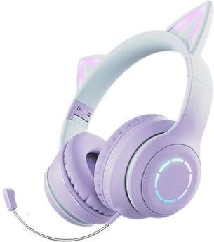 Plyisty Casque Gaming sans Fil, Oreilles De Chat Mignonnes, Bluetooth 5.3, Éclairage LED, Microphone Amovible, Haut-Parleurs 40 Mm, Câble AUX 3,5 Mm, Pliable, Coussinets Confortables (Purple)