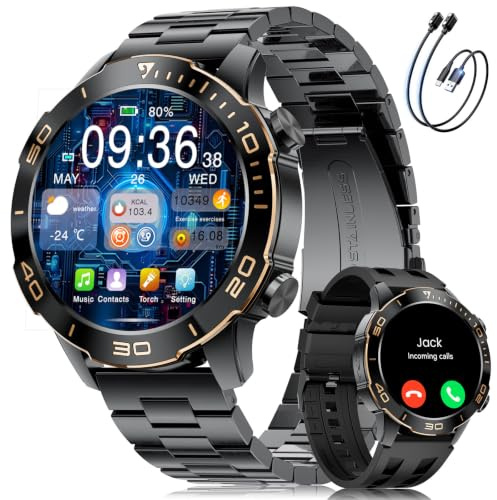 Smartwatch Herren mit Telefonfunktion Militär, 1.43 AMOLED Sportuhr mit 170+Sportmodi/800mAh Großer Akku, Herzfrequenz Schlafmonitor, IP68 Wasserdicht Fitnessuhr für Android iOS, Schwarz-Edelstahl