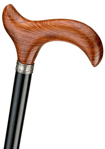 Gehstock BUBINGA, eleganter Derbygriff aus zart rötlich gemasertem Bubingaholz, aufgesetzt mit Silber-Dekorring, Stock aus schwarz lackiertem Buchenholz, inklusiv Gummipuffer.