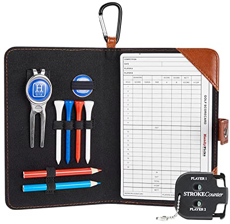 Handy Picks Golf Scorecard-Halter Yardage Buchcover aus echtem Leder - Divot Reparaturwerkzeug, Ballmarker, Golf Tees, Bleistifte n Scorecards, Scorzähler inklusive - Geschenk für Golfer