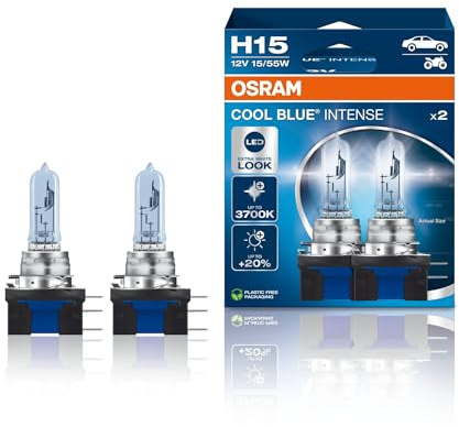 Osram COOL BLUE® INTENSE H15, +20% mehr Helligkeit, bis zu 3.700K, Halogen-Scheinwerferlampe, LED-Look, Duo Box (2 Lampen), 64176CBN-HCB
