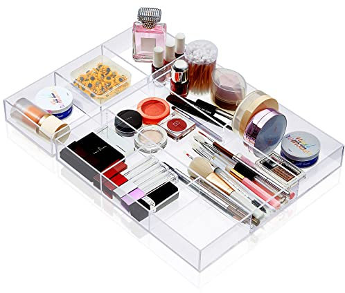 Organizador de cajones transparente de 2 piezas, organizador de escritorio transparente de 6 secciones con divisores, bandeja de maquillaje acrílica de 3 secciones, insertos de cajones transparentes
