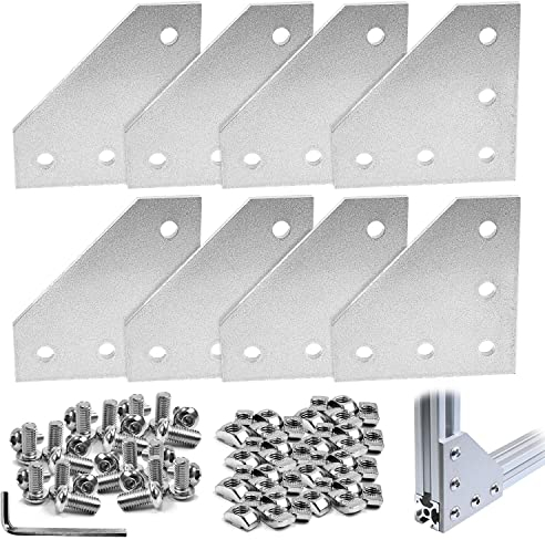 8 Pezzi Angolari a Forma di L Profilo Alluminio, 5 Foro Forma L Esterno Piastra Giunzione, con 40 Dadi M5, 40 Viti M5, 1 M3 Chiave Inglese, per 2020 Profilo
