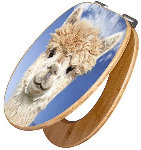 banjado Design WC Sitz Bambus Absenkautomatik 45,8x37,5cm / Toilettendeckel mit Absenkautomatik Holz/hochwertiger Bambus Klodeckel/WC-Sitz für gängigen Toiletten/Motiv Lama