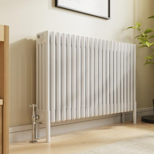 NRG Traditional 4 Column Horizontal Radiator 600x1010mm Gloss White | Central Heating Radiator, Wall Mounted, Column Radiator, Cast Iron, for Bathroom, Kitchen, Bedroom, Living Room