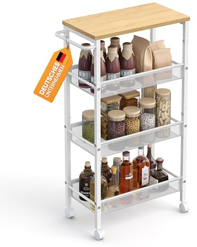 VASAGLE 4-Tier Trolley, Space-Saving Kitchen Cart with Castors, 22 cm Deep, Steel Frame, Handle, Trolley for Small Spaces, Kitchen Bathroom Living Room Studio, Oak Beige and White LRC033W09