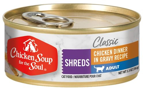 Chicken Soup for The Soul All Natural Premium Adult Wet Cat Food, Real Meat First Ingredient, No by-Products, Artificial Colors, Flavors or Preservatives, Chicken Shreds Dinner, 5.5oz (Pack of 24)