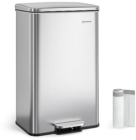 SONGMICS Küchenabfalleimer, 40 l, großer Abfalleimer mit Deckel, Edelstahl, Soft-Close, 15 Müllbeutel enthalten, Silber ULTB540E40