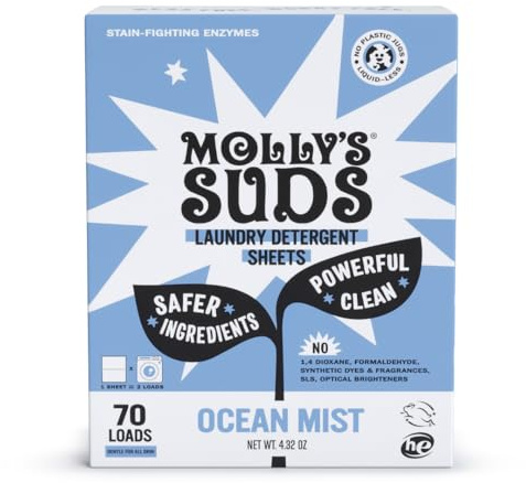 Molly's Suds Feuilles de détergent à lessive | Doux pour les peaux sensibles, enzymes puissantes à base de plantes, anti-taches, emballage sans liquide et sans plastique | 70 brassées (Ocean Mist)