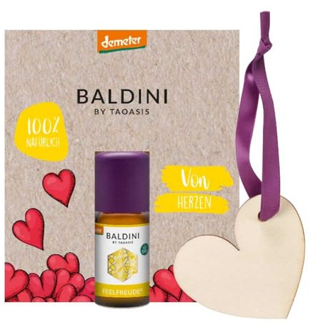 Baldini Mini‑Duftset „Von Herzen“ – 5 ml Feelfreude® (Zitrone, Grapefruit, Orange) mit Herz-Anhänger aus Holz – 100 % naturreine ätherische Öle – Made in Germany