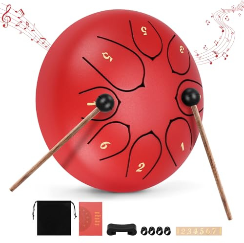 Steel Tongue Drum, 6 Zoll 8 Töne Zungentrommel Pan Drum Percussion Steel Instrument Handpan Steel mit Tragetasche, 2 Trommelstöcken, 4 Fingerlingen, Geeignet für Klangheilungsmeditations-Yoga (rot)