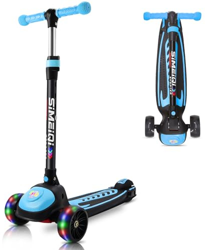 Kids Tri Scooter 3 Wheels for Kids 3-12 Years Old LED Flashing Light Adjustable Height Lean to Steer Technology Extral Wide Deck (Blue)