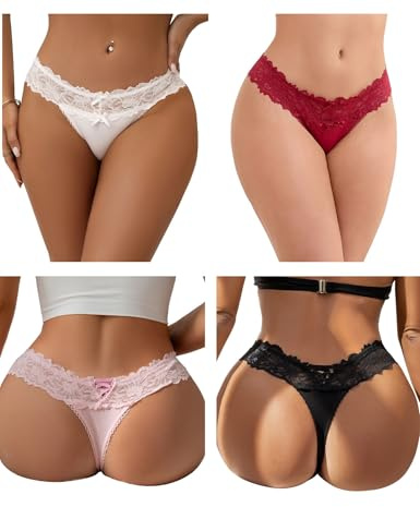 ohyeahlady Women Lace Thongs French Knickers Sexy Panties | UK 8-22 Plus Size Lingerie,Curvy,Ice Silk & Lace,Soft Stretchy Briefs,Cotton Crotch,Sexy Underwear,Cute Bow,Back Cross Ribbon