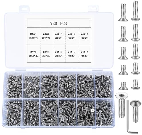 720 Stk M4 Edelstahl Innensechskant Schrauben Set, Senkkopfschrauben, Flachkopfschrauben für 3D-Drucker, metrische Maschine, 6 mm/8 mm/10 mm/12 mm/14 mm
