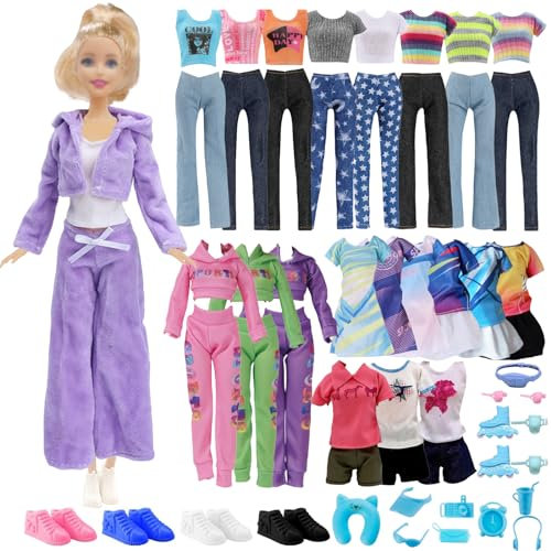 32 PCS Puppe Kleidung und Zubehör, 2 Kapuzen-Sweatshirt 4 T-Shirt 4 Lange Hosen 1 Shorts 2 Kleid 4 Flats 15 Sport Accessoires 11,5 Zoll Mädchen Geburtstag Geschenk, in Random
