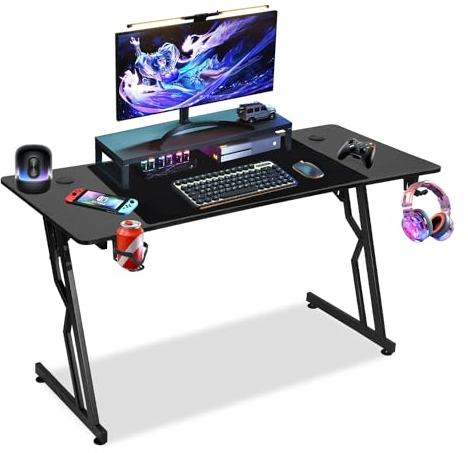 Izrielar Gaming Schreibtisch 120 x 60cm, Gaming Tisch Z-Frame, Ergonomischer Gamer Tisch, Gaming Computertisch mit Kopfhörerhaken und Becherhalter, Einfach zu Montieren, Gaming Desk, Schwarz