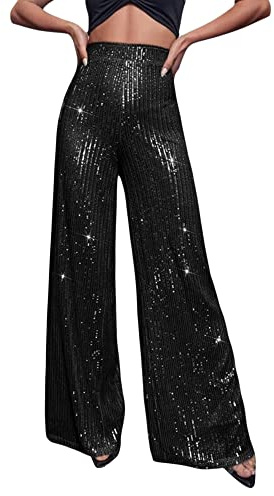 Miolasay Damen Pailletten Weite Bein Hosen Glänzende Lockere Lässige Elastische Hohe Taille Funkelnde weite Hosen für Clubwear Streetwear, D-schwarz, L