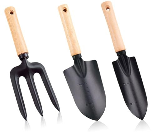 Lot de 3 outils de jardin de qualité supérieure - Manche en bois - Pelle de jardin portative - Petite pelle étroite - Râteau - Outils de jardin pour bonsaï - Plante et fleurs en pot