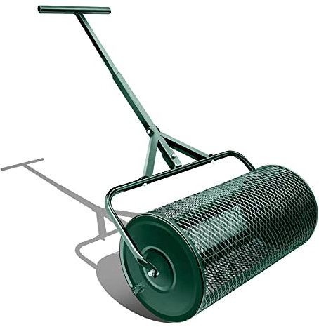 Streuer für Rasen und Garten – 61 cm robuster Streuer mit Metallgitterrolle zum Schieben/Schleppen – Kompost, Torfmoos, Mutterboden, Mulch – Garten- und Rasenpflege – Korbsieb zum Schieben und Gehen