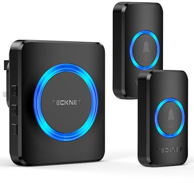 TECKNET Wireless Doorbell with 2 Push Buttons, Cordless IP65 Waterproof Door Bells Chime Kit, 600M/1,968ft Ultra Long Range, 60 Chimes, LED Flash,5 Level Volume Plug in Receiver for Home,School,Office