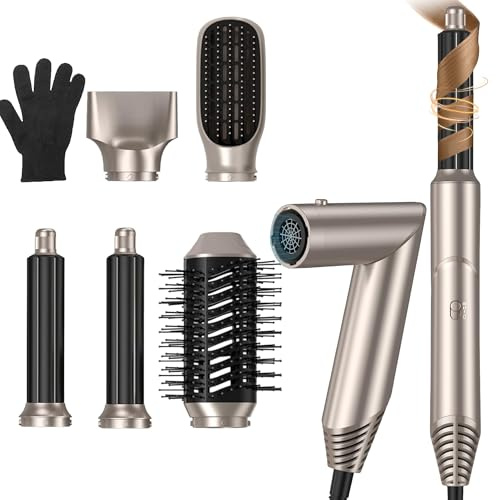 UKLISS 5 i 1 hårstyler, pro-hårtork och airstyler med fönborste, varmluftscurlingborste, plattångborstar, airbrush-frisyr, multistyler-presentset för lång/kort hårstyling - guld