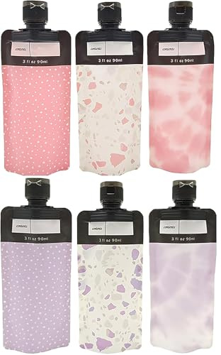 6 Pcs pink purple Travel Pouches for Toiletries, Containers Leak Proof Empty Squeeze Refillable Bottles for Liquids Shampoo Conditioner Pouch