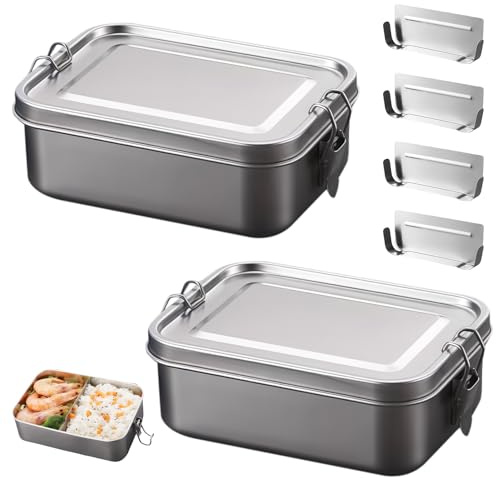 TOATELU Brotdose mit Fächern: 2 Stück 304 Edelstahl Lunchbox Edelstahl, Auslaufsicher Lunchbox Auslaufsicher, Brotdose mit Dichtring, Lunch box für Küche und Outdoor (850ml)