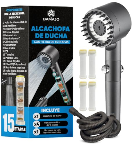 BAMAJO© Alcachofa de Ducha con Filtro de 15 Etapas – Filtro Ducha Antical con Manguera 1.5M - Cabezal de Ducha Alta Presión con 3+1 Modos que ahorra agua – 4 Filtros de Ducha Antical - Shower head