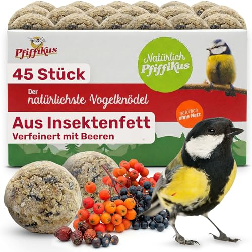 Natürlich Pfiffikus Meisenknödel ohne Netz, mit Beeren, 45 Stück – mit Insektenfett – artgerechtes Wildvogelfutter für draußen – Ganzjahresfutter für Meisen & Gartenvögel – plastikfrei im Karton