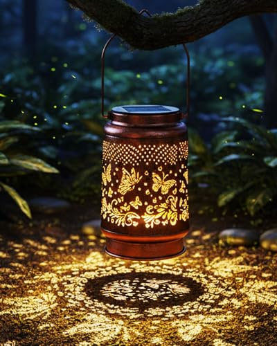 Butterfly Solar Garden Lantern, Decorative Metal Round Light with Butterfly Cutouts, Waterproof Solar Ornament for Patio & Lawn