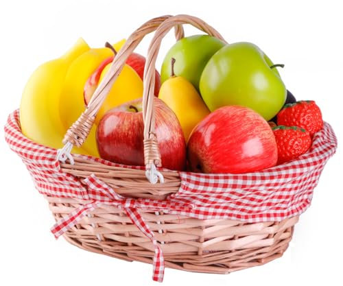 Oval Wicker Bread Basket, Handwoven Willow with Removable Liner, Folding Handles, 13 x 10 Inch - Fruit Basket for Kitchen Counter, Serving, Gifts and Decor - Red Gingham Lining - Vintiquewise