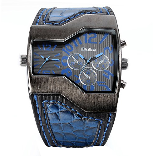 JewelryWe Military Sport Watch Dual Quartz Movement Mens Leather Band Wristwatch with Decorative Sub-dials