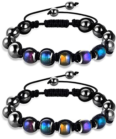 Yolev 2 Pieces Adjustable Mood Bracelet Dazzling Shimmer Color Changing Beads Yoga Beads Bracelet for Men Women