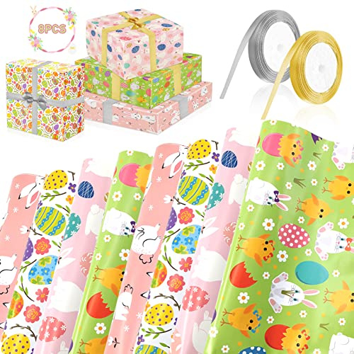 TOPJOWGA Geschenkpapier, 8 Stücke Osterpapier Geschenkpapier mit 2 Rollen Band, Ostern-Einschlagpapier, Lustigen Bunten Osterhasen Geschenkverpackung, DIY Wrapping Paper