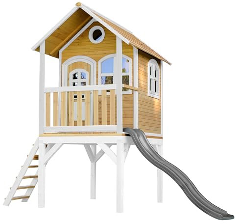 AXI Laura Playhouse, Playhouse for Kids Outdoor & grey slide | Garden/outdoor playhouse in brown & white made of FSC wood | Playhouse for Kids Outdoor