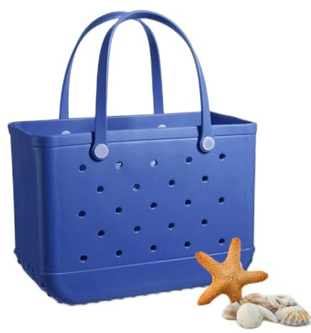 Grande borsa da spiaggia impermeabile da donna, in gomma EVA, lavabile, borsa a mano aperta con fori, borsa da spiaggia estiva per palestra, picnic, vacanze, viaggi, Blu puro. , Refer to description