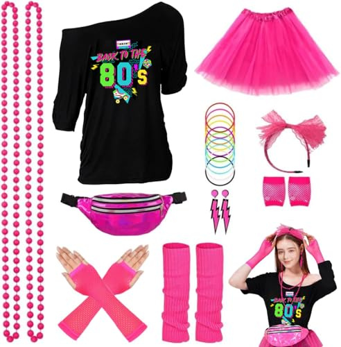 ELFIN 80er Jahre Outfit Damen, T-Shirt, Tutu, Gürteltasche, Stirnband, Ohrring, Halskette, Netzhandschuhe, Armband, Beinwärmer, 80er Jahre Kostüm Kleidung Mottoparty Accessoires, Schwarz-4, M