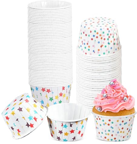100 Pcs Paper Cupcake Cases, Muffin Cases, 50mm Cup Cake Cases for Baking | Baking Cups, Cake Paper Cases for Weddings Christmas Birthday Party (Dots and Stars)