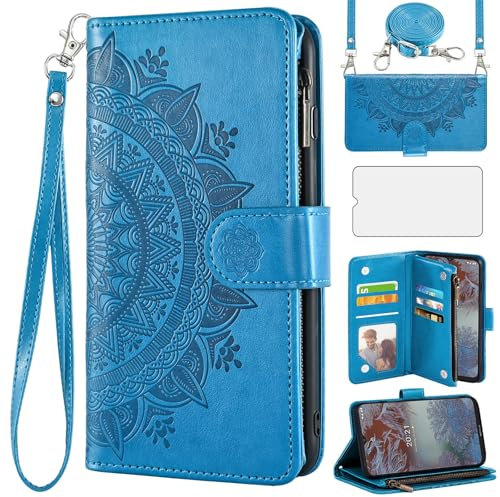 Asuwish Phone Case for Nokia G10/G20/6.3 Wallet Flip Cover with Tempered Glass Screen Protector and Mandala Flower Leather Credit Card Holder Stand Cell NokiaG10 NokiaG20 Android 11 TA-1334 Blue
