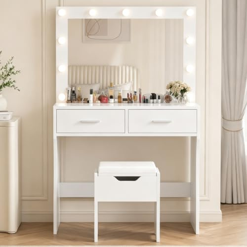 TRIUMPHKEY Toeletta da Trucco con Grande Specchio e Sgabello, 3 Colori di Luci LED,Luminosità Regolabile, Scrivania di Vanità con 2 Cassetti, Tavolo da Trucco per La Camera da Letto di Casa