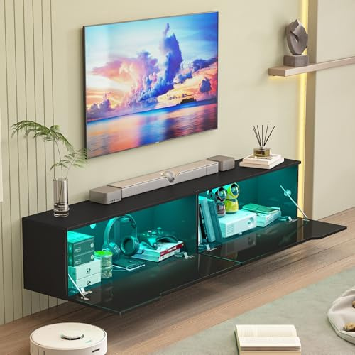 KZNGK Hängender TV-Schrank mit LED-Leuchten, TV-Ständer TV-Konsole Unterhaltungszentrum mit 2 Aufbewahrungsschränken für das Wohnzimmer, 16 Farben können eingestellt Werden, 175 x 32 x 30cm (Schwarz)